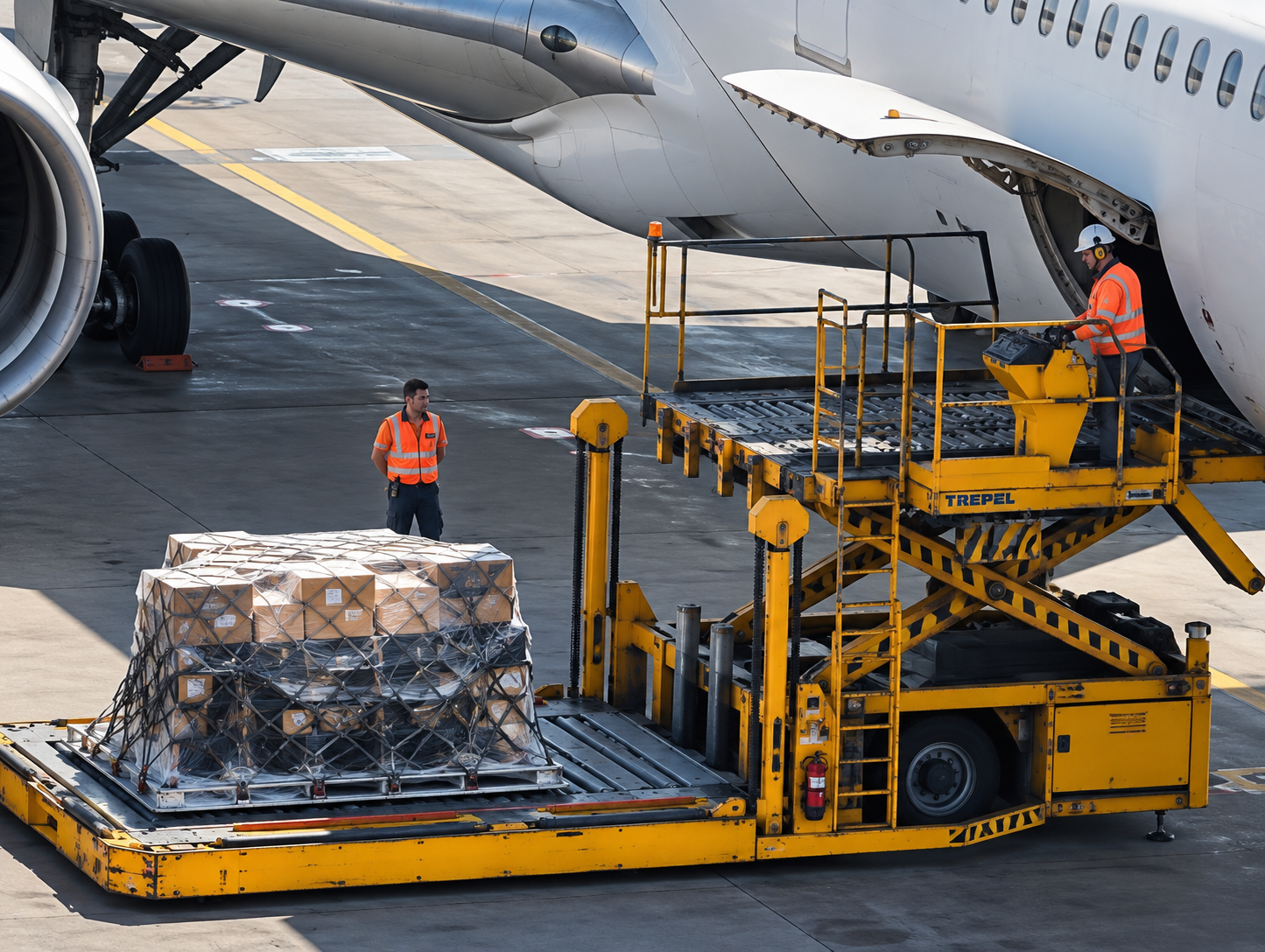 Prepared cargo pallet positioned at an aircraft loading platform