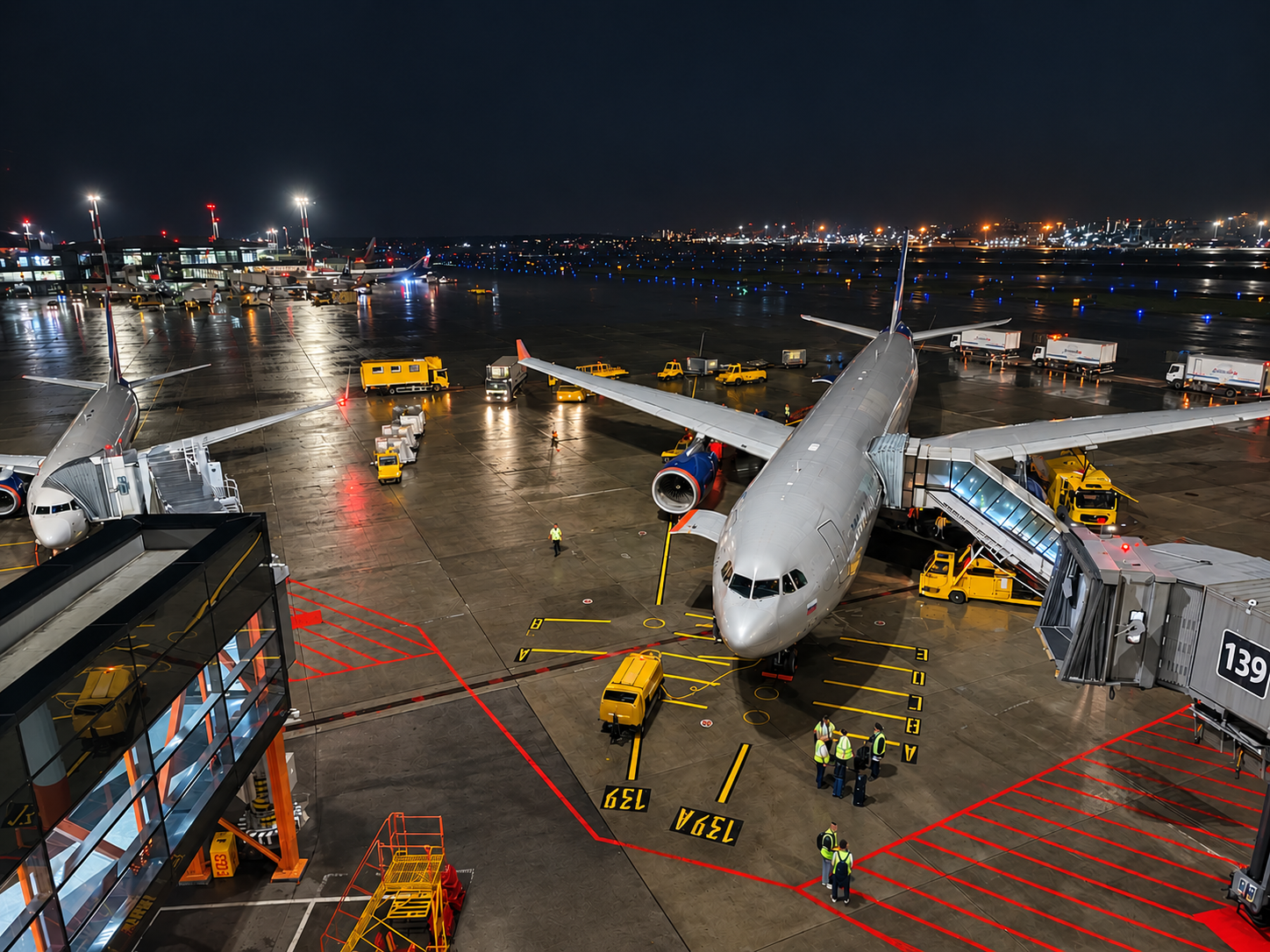 Night airport apron with aircraft and ground handling equipment