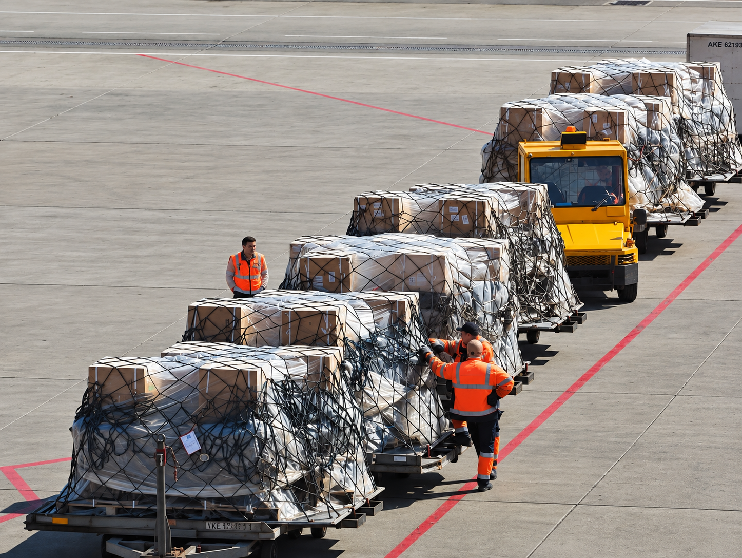 Secured air-cargo pallets moving across an airport apron