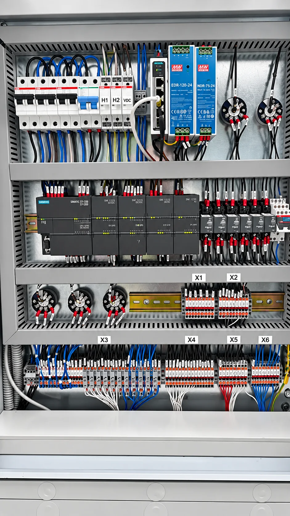 Open process control cabinet showing PLC modules, power supplies and labelled field wiring
