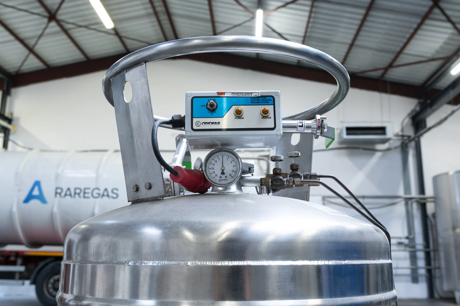 Control and pressure-building equipment on a stainless steel cryogenic Dewar