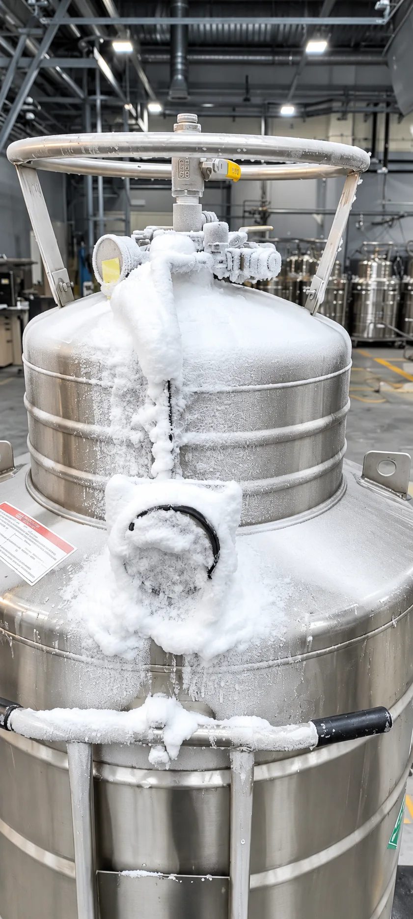 Cryogenic Dewar with frost around its valve and connection assembly