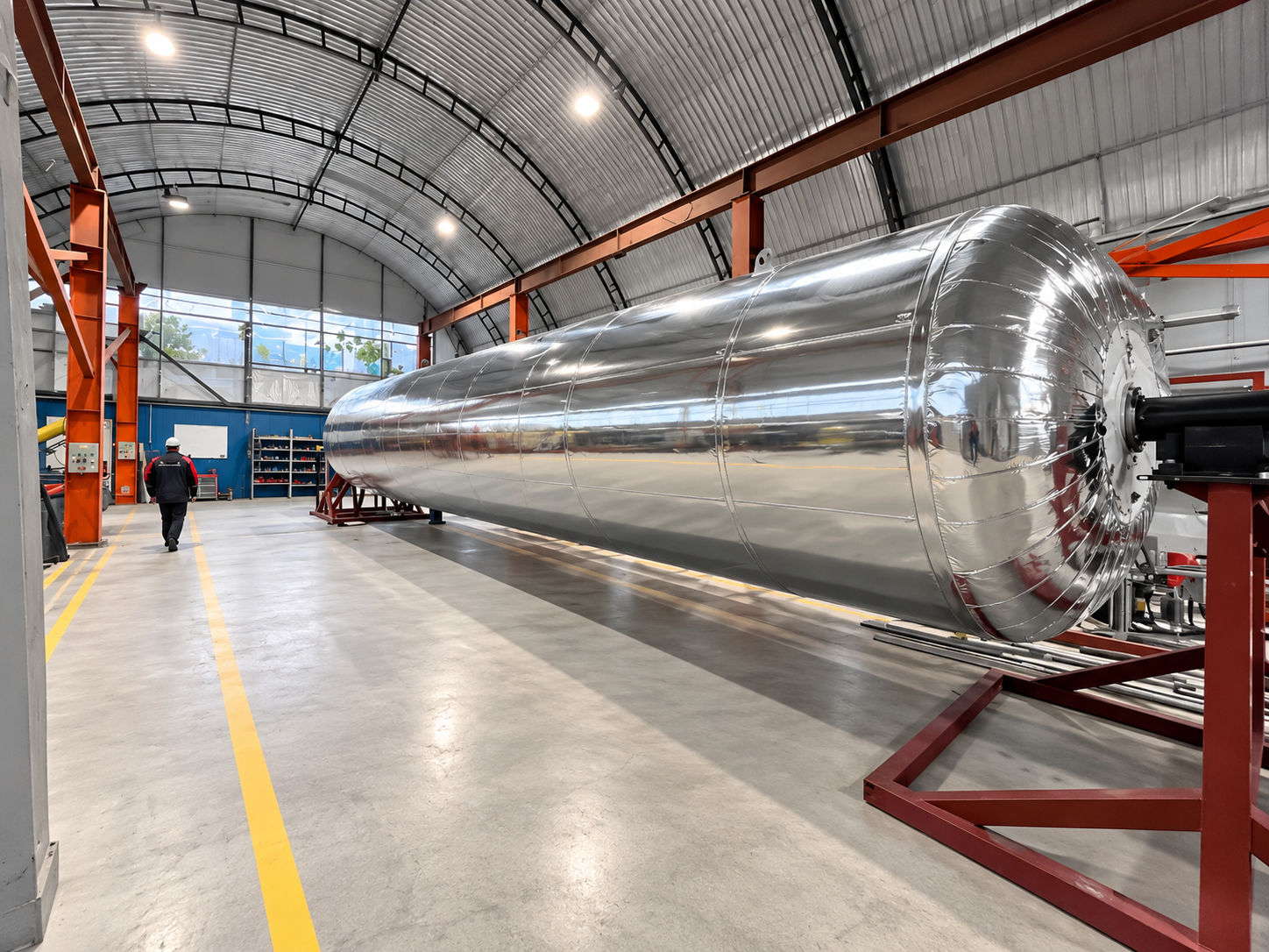 Large insulated cryogenic vessel positioned in an industrial workshop