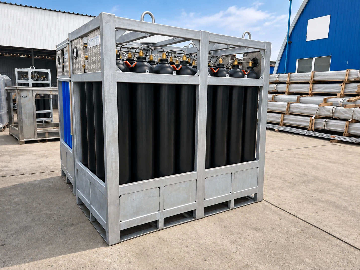 Two framed manifolded cylinder bundles prepared at an industrial site