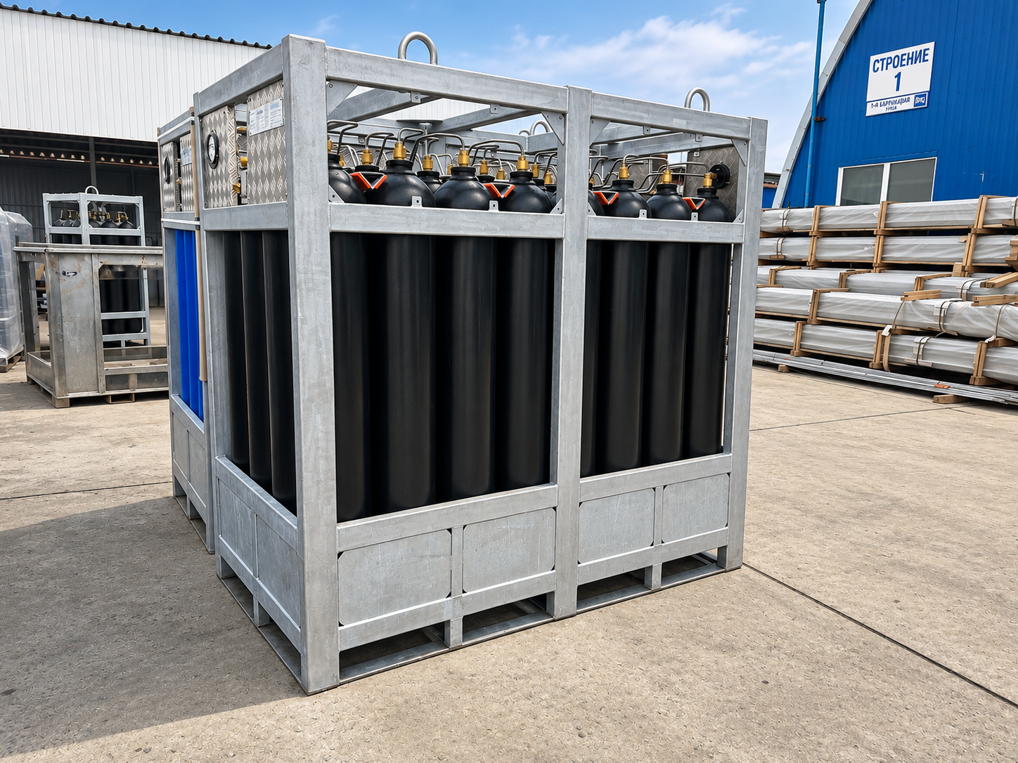 Two framed manifolded cylinder bundles prepared at an industrial site