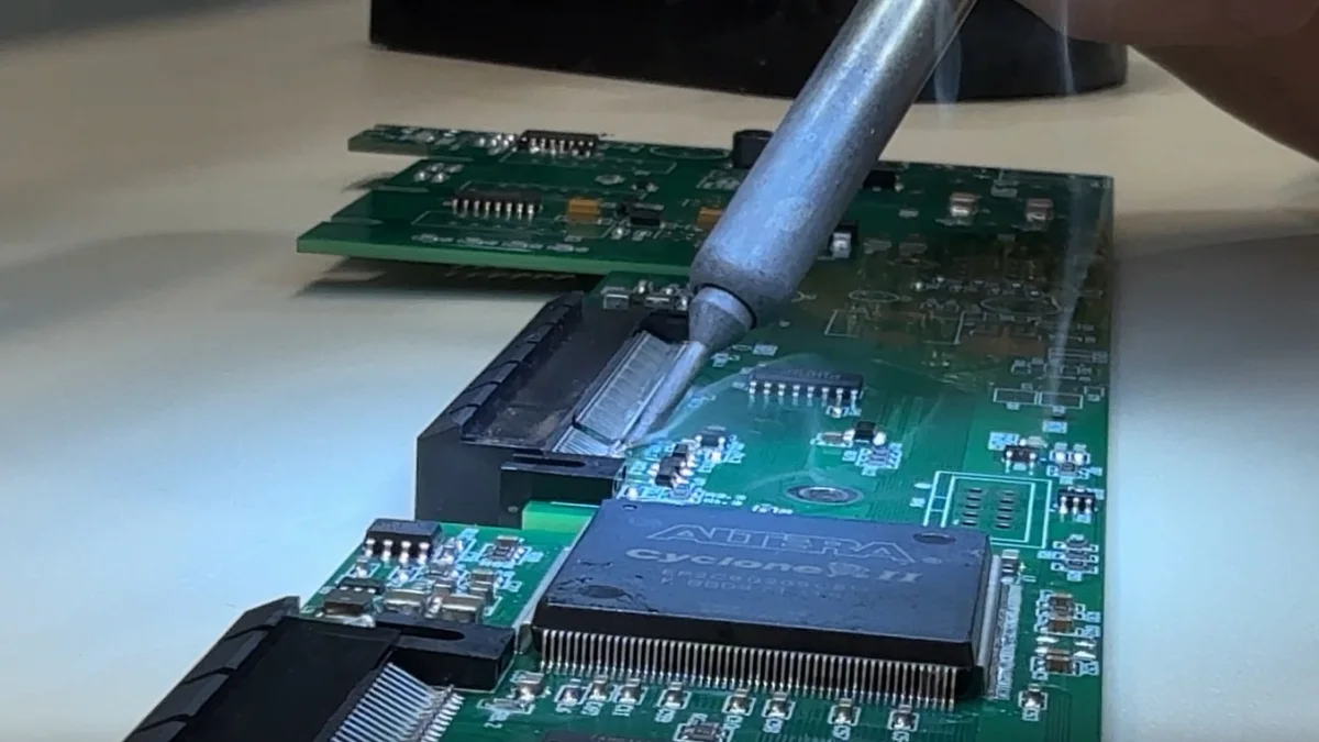 Technician soldering components on a printed circuit board