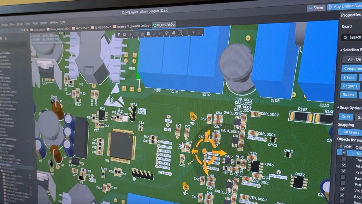 Three-dimensional printed circuit board design displayed in engineering software