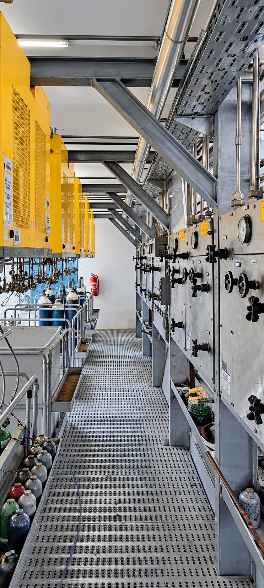 Industrial gas process manifold with stainless-steel piping, valves and an access platform