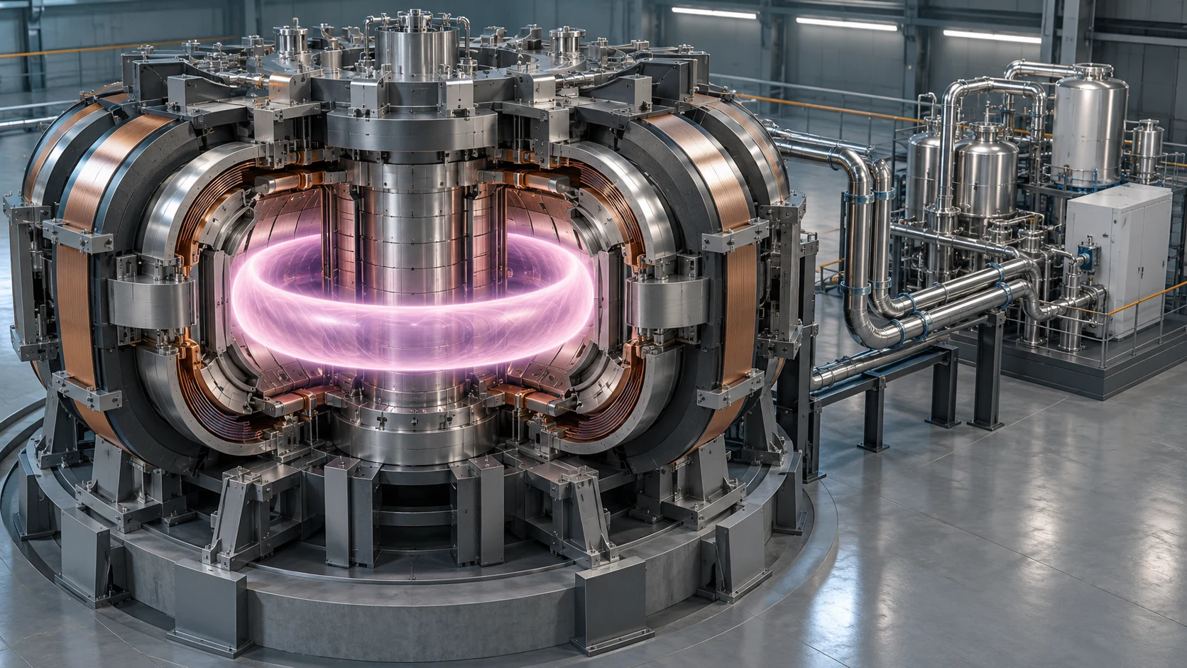 AI-assisted illustration of a generic tokamak cutaway beside helium cryogenic pipework