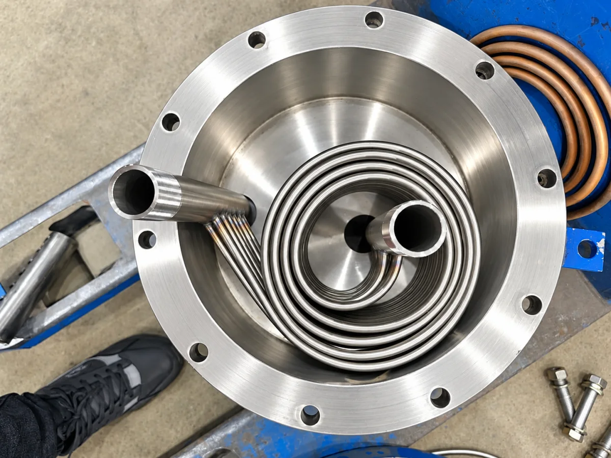 Open heat exchanger showing its internal coiled tubing assembly