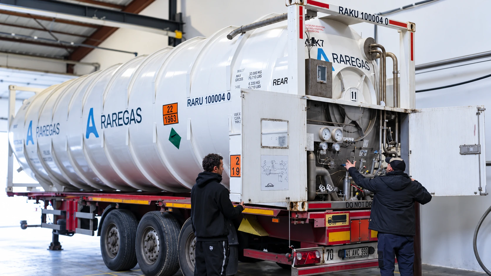 AI-assisted editorial illustration of a liquid-helium ISO tank and technicians at its connection panel