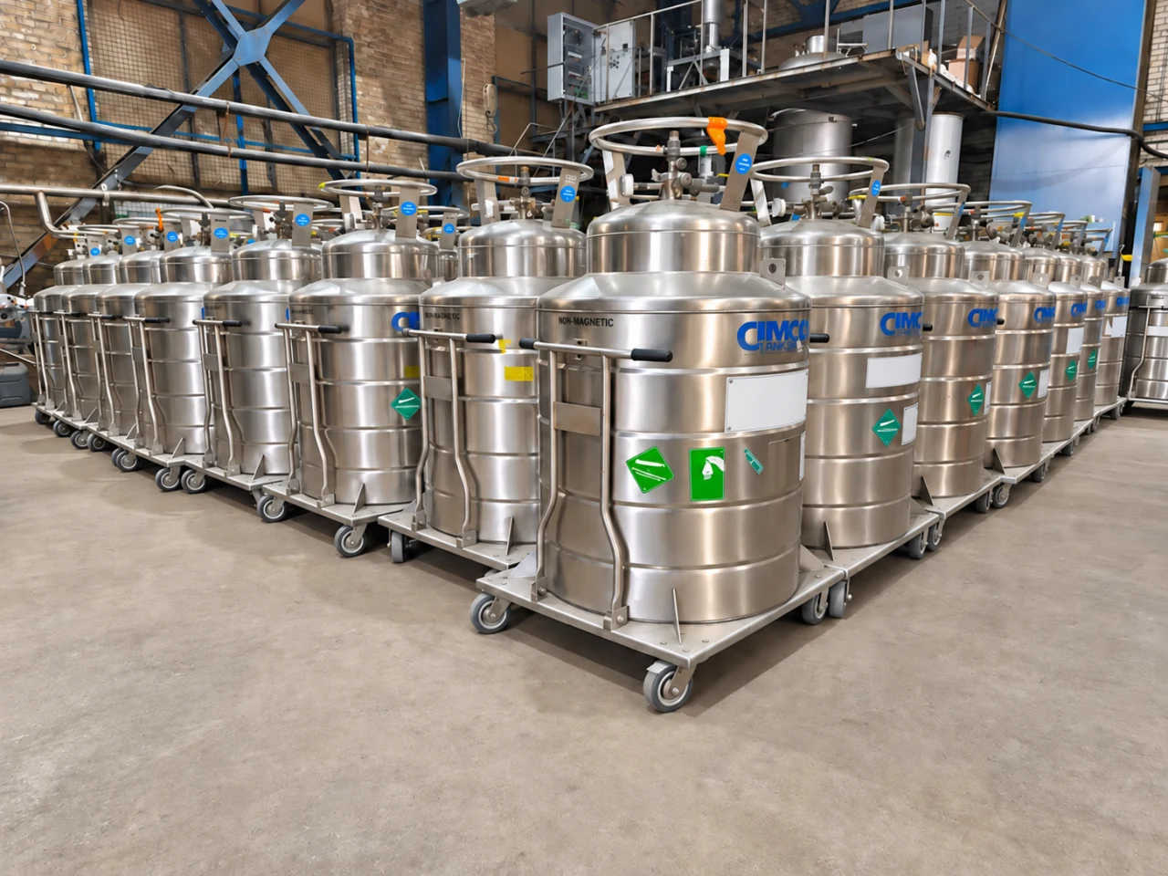 Rows of stainless steel cryogenic Dewars in an industrial facility