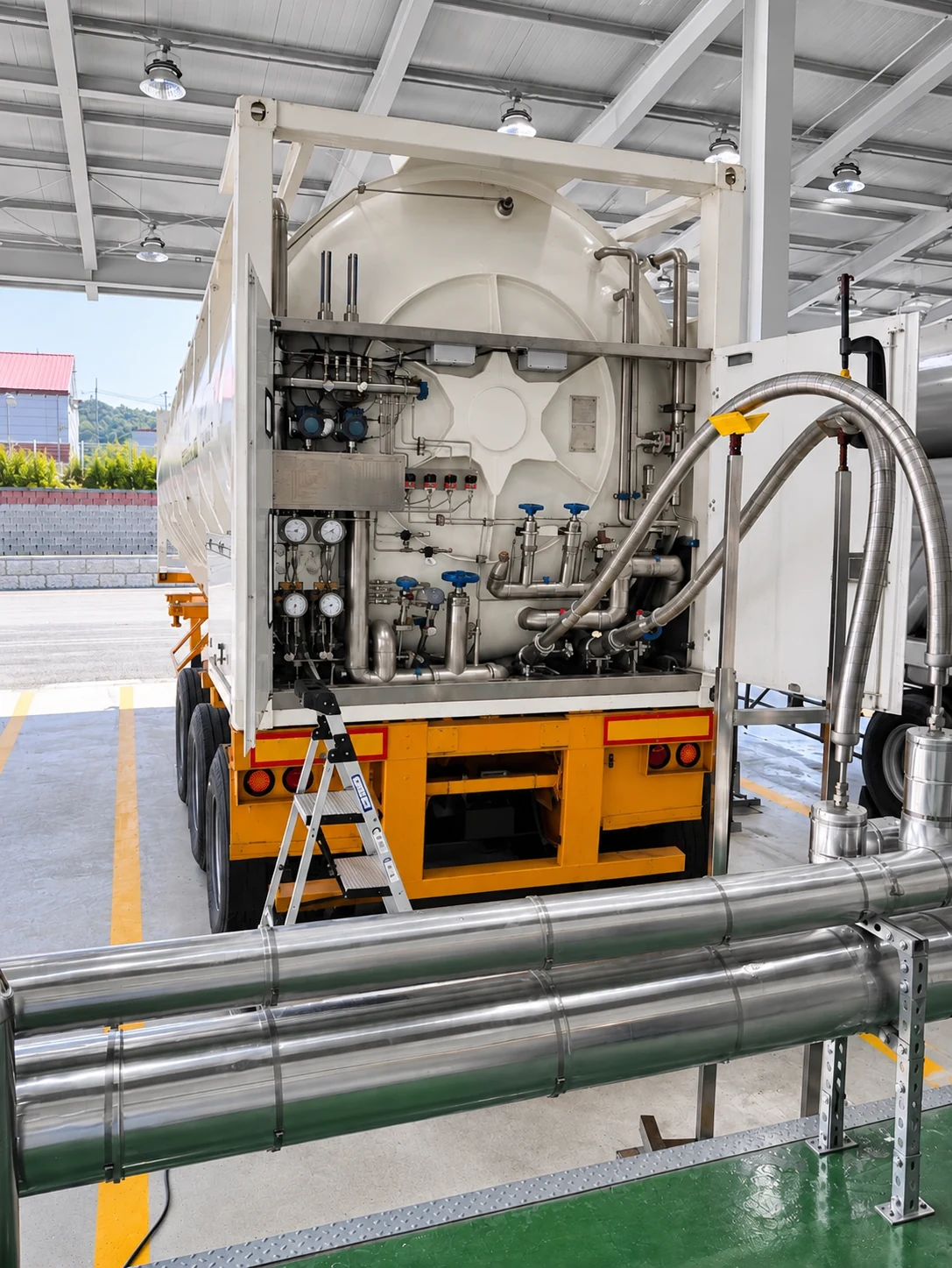 Liquid helium ISO tank connection panel and insulated transfer piping
