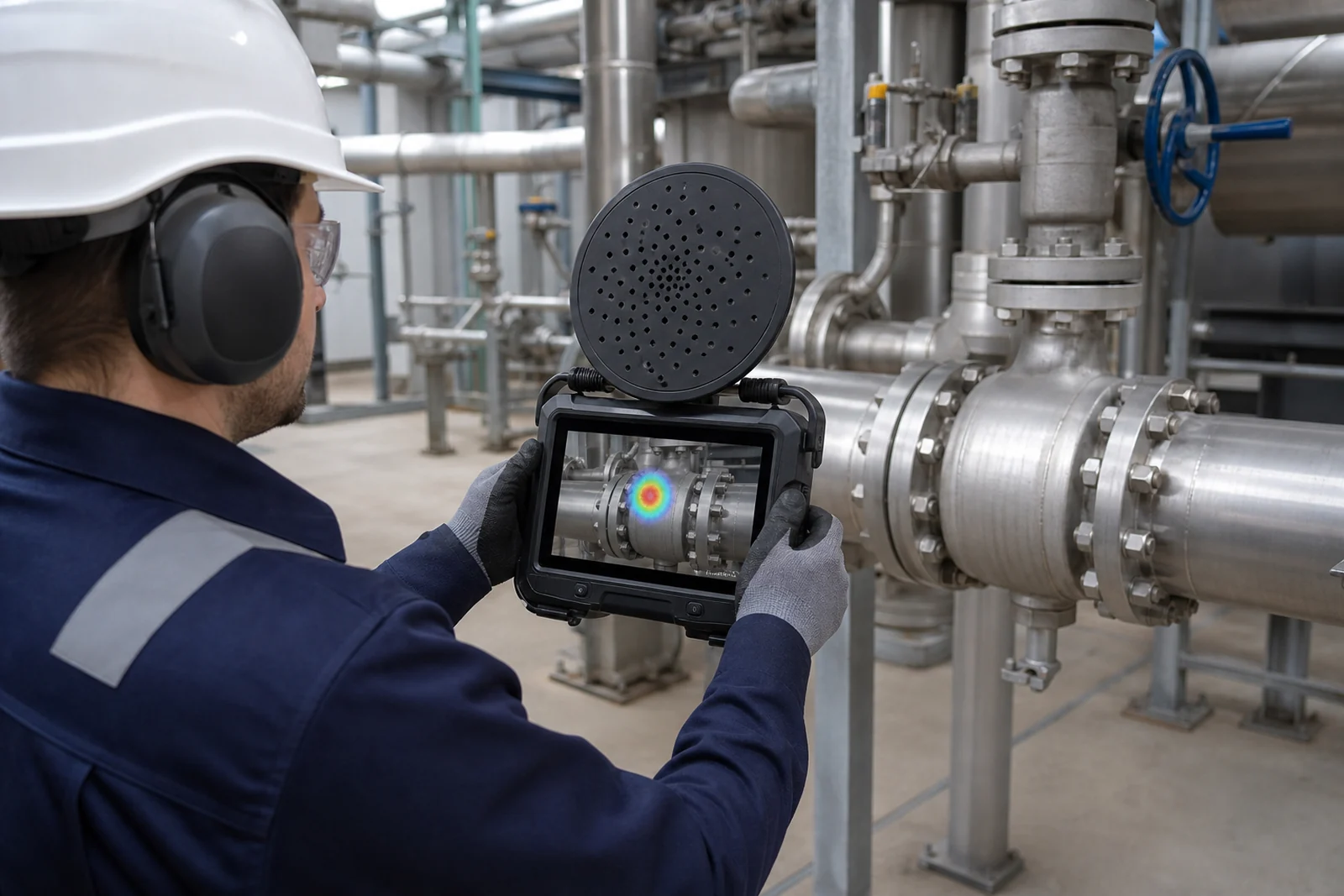 Illustration of an acoustic imaging camera locating a gas leak at a pipe flange