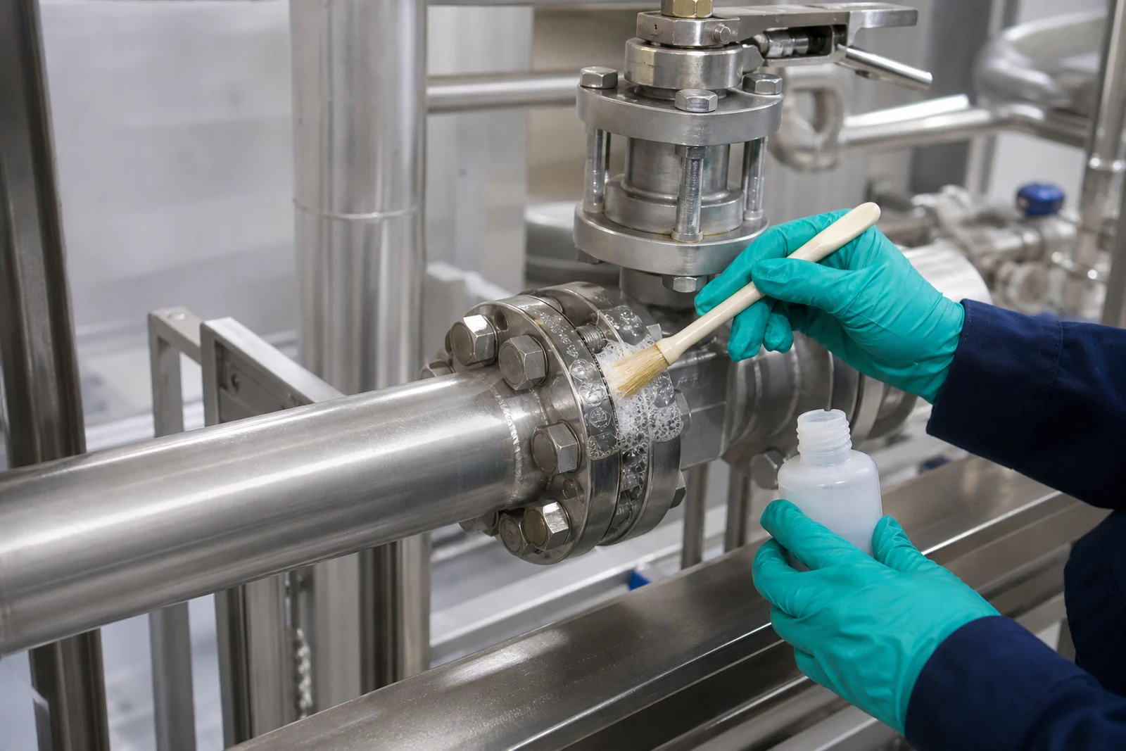 Illustration of bubble leak detection solution applied to a stainless steel flange