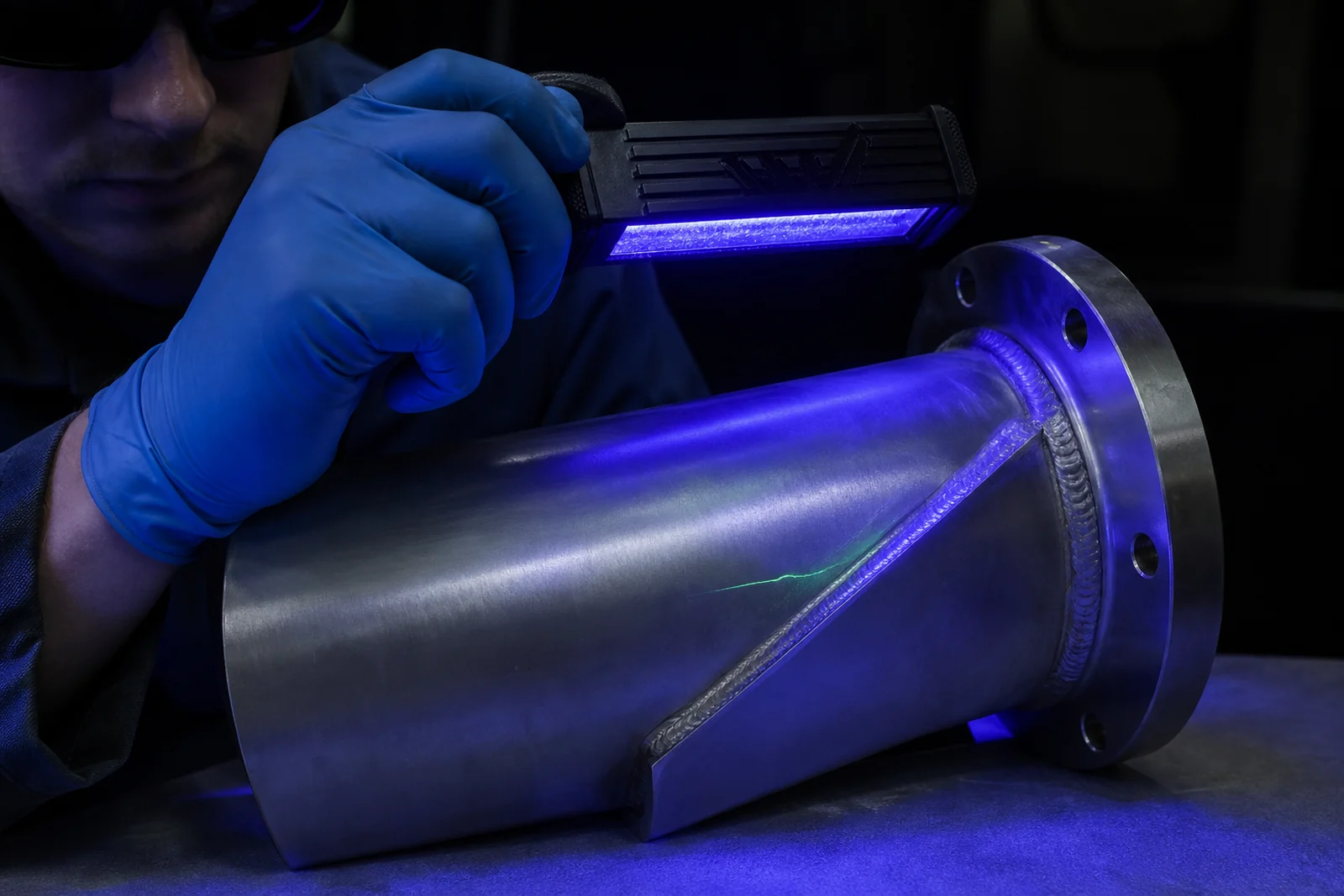 Illustration of fluorescent penetrant inspection of a weld under UV-A light