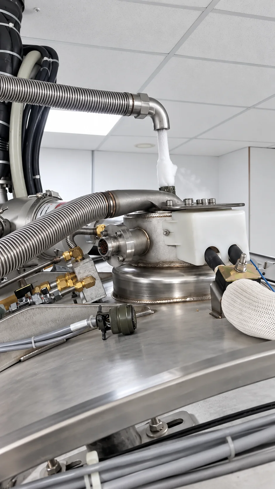 Close view of an insulated liquid helium transfer connection on an MRI system