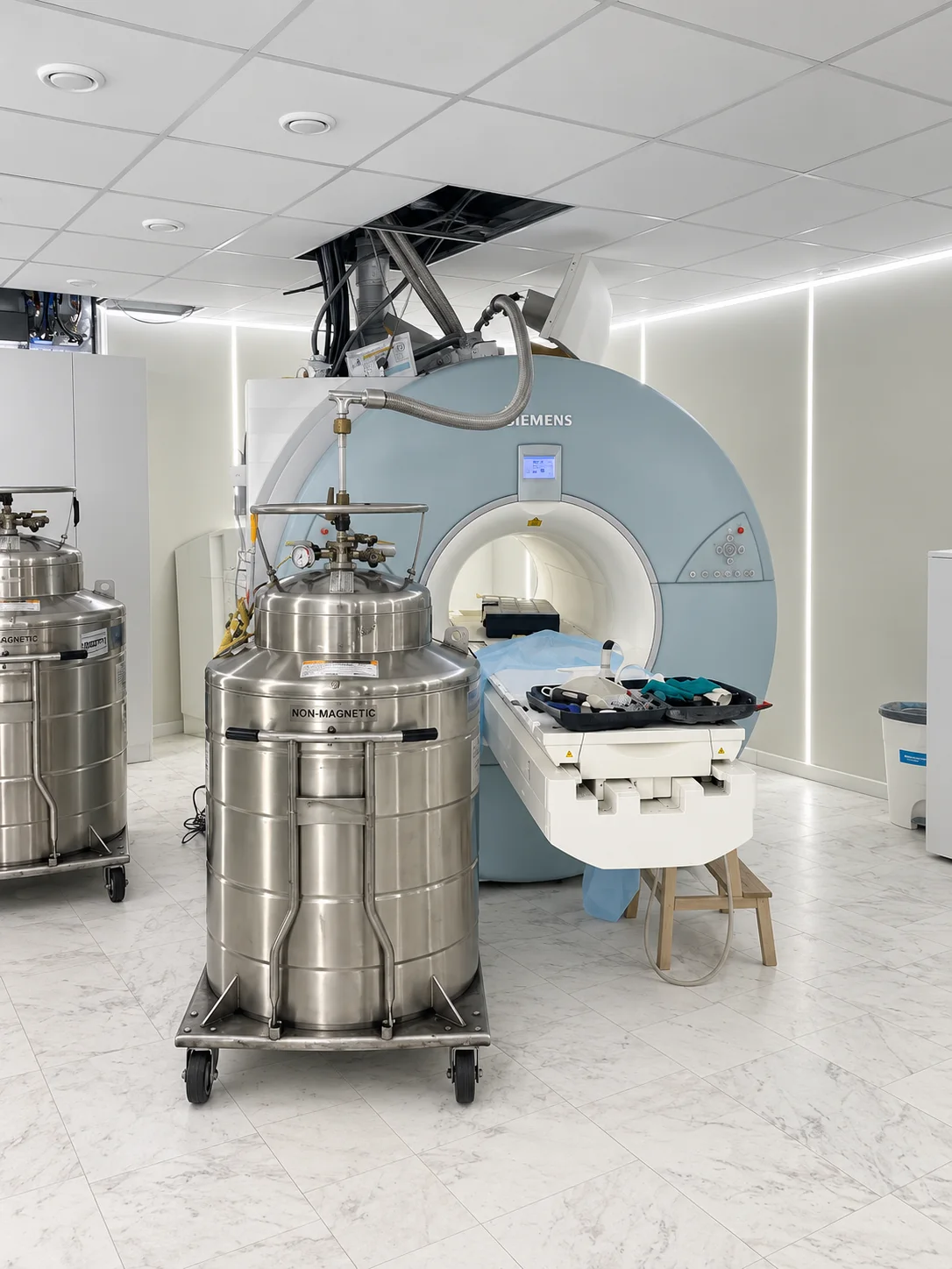 Liquid helium Dewars and transfer equipment positioned beside an MRI system