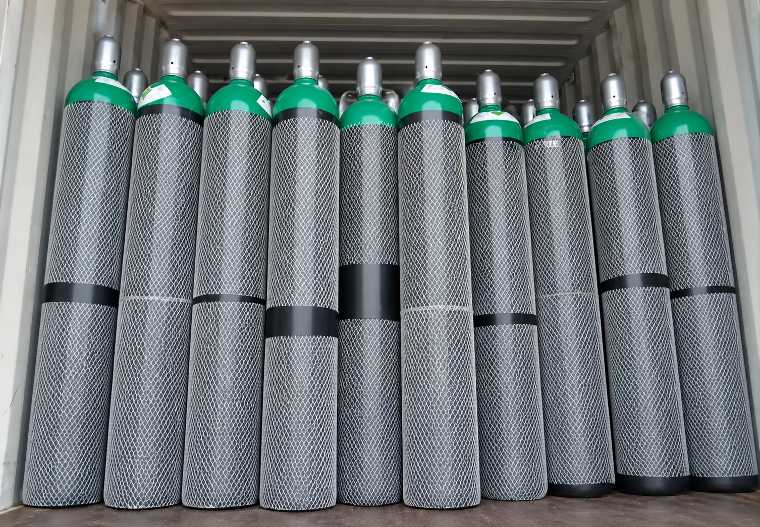 Prepared rare-gas cylinder lot loaded inside a freight container