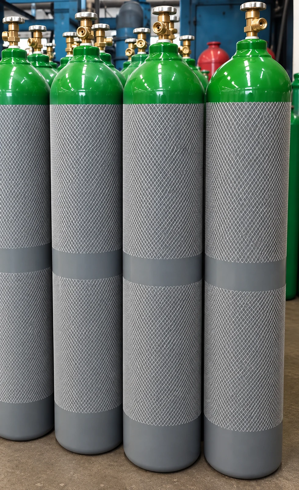 Gas cylinders with protective mesh and brass valves
