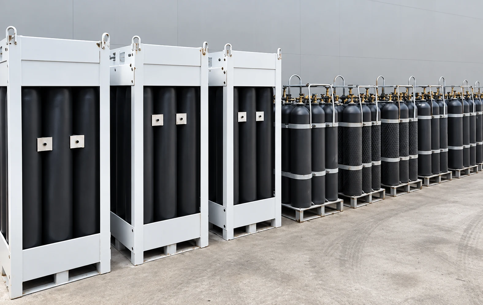Rows of framed cylinder bundles and prepared individual cylinder lots