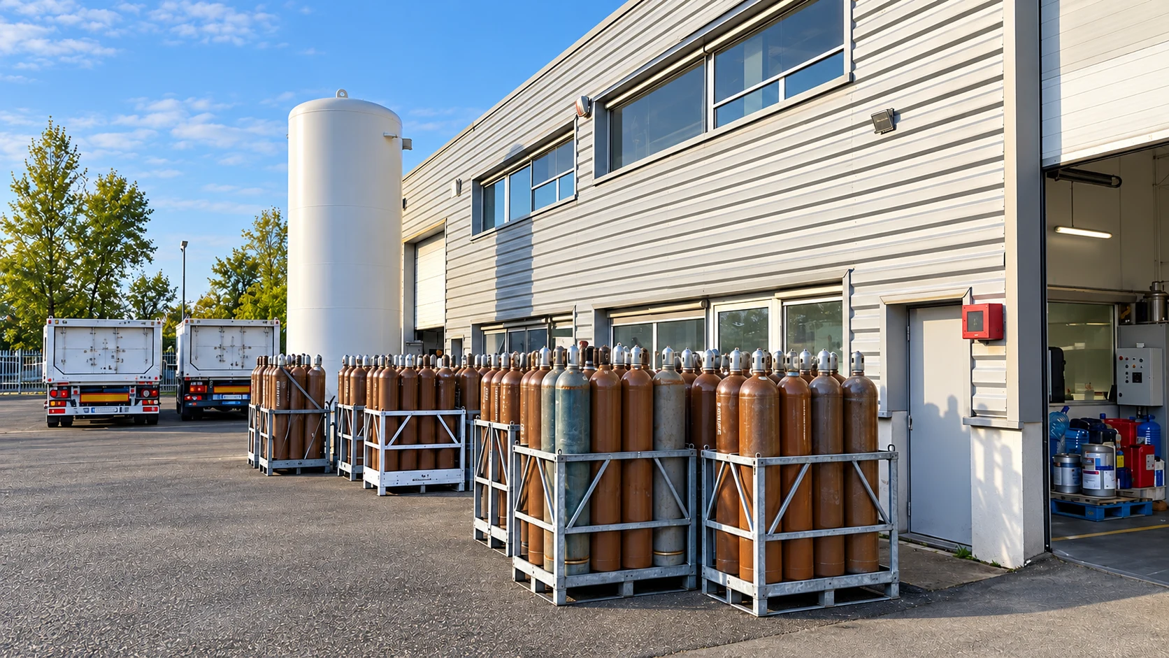 Gas cylinders standing in protective metal transport racks beside an industrial building