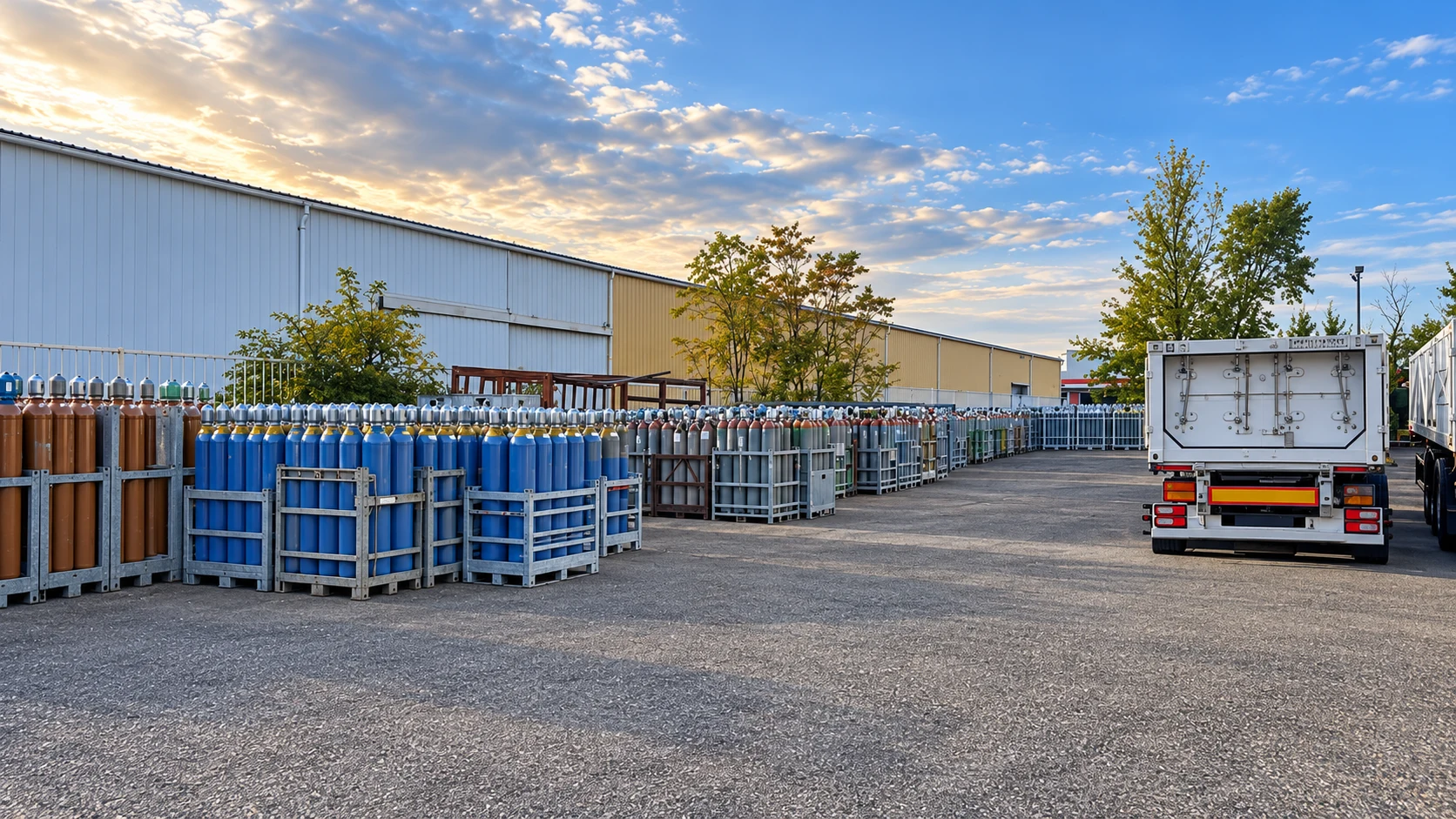Rows of gas cylinders in metal transport racks across an industrial yard, with trailers alongside