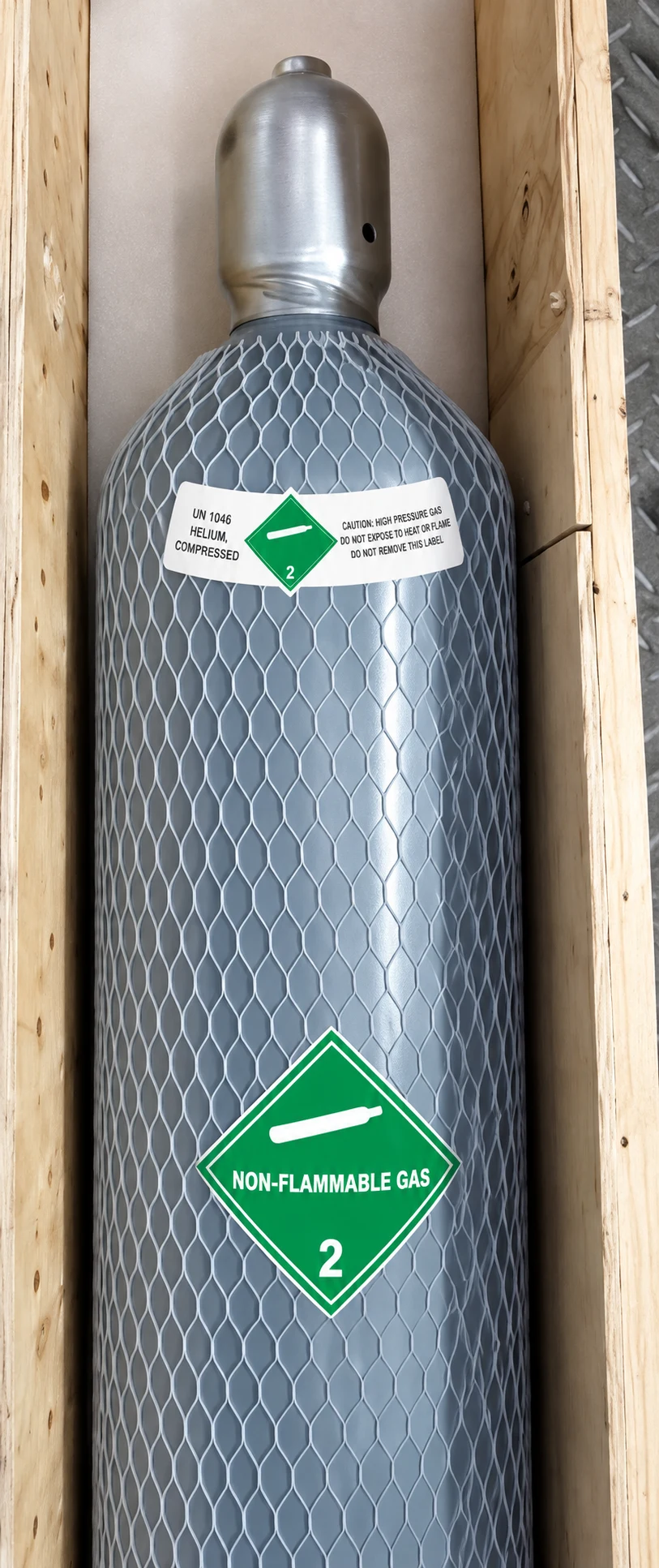 UN 1046 helium cylinder protected by mesh and secured inside a wooden crate