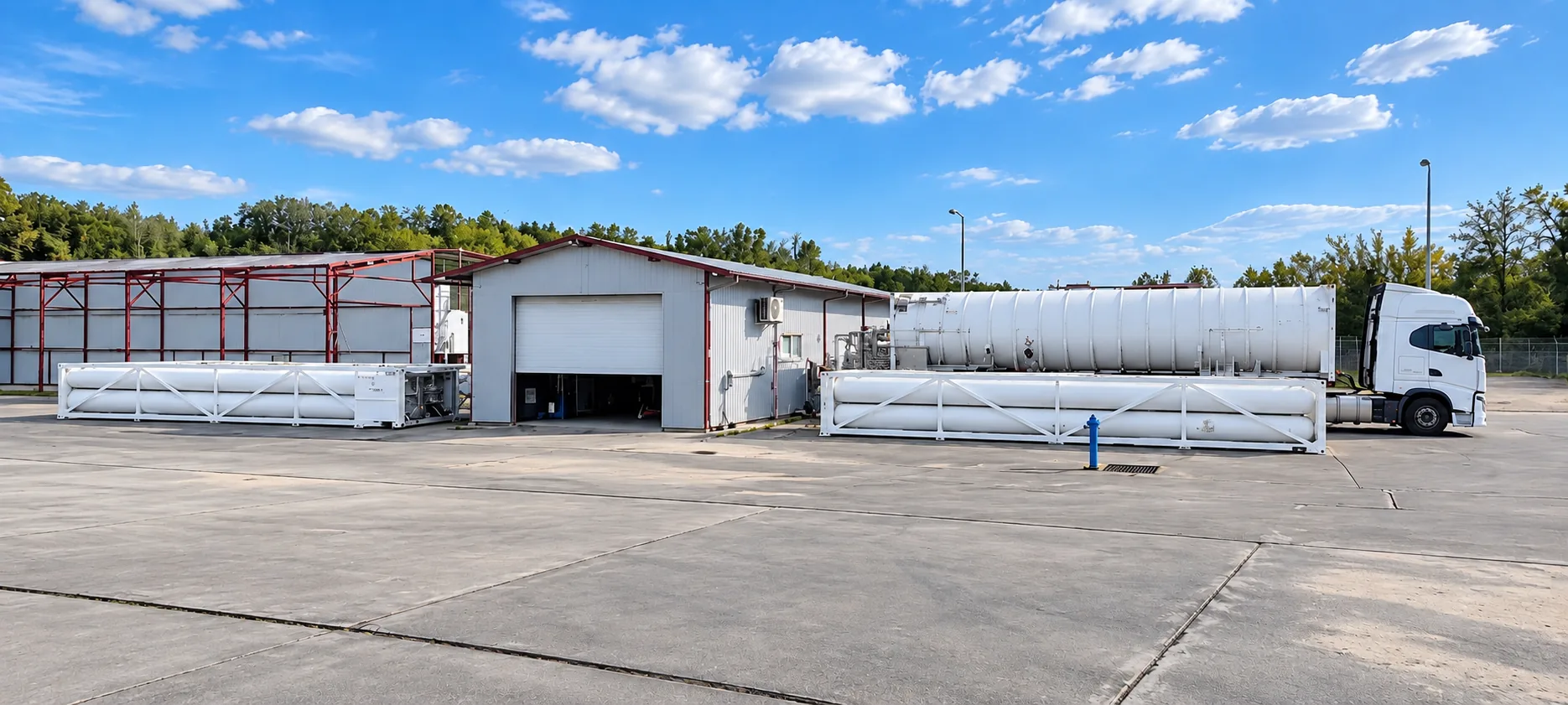 Large-volume gas transport modules and a road vehicle in an industrial yard