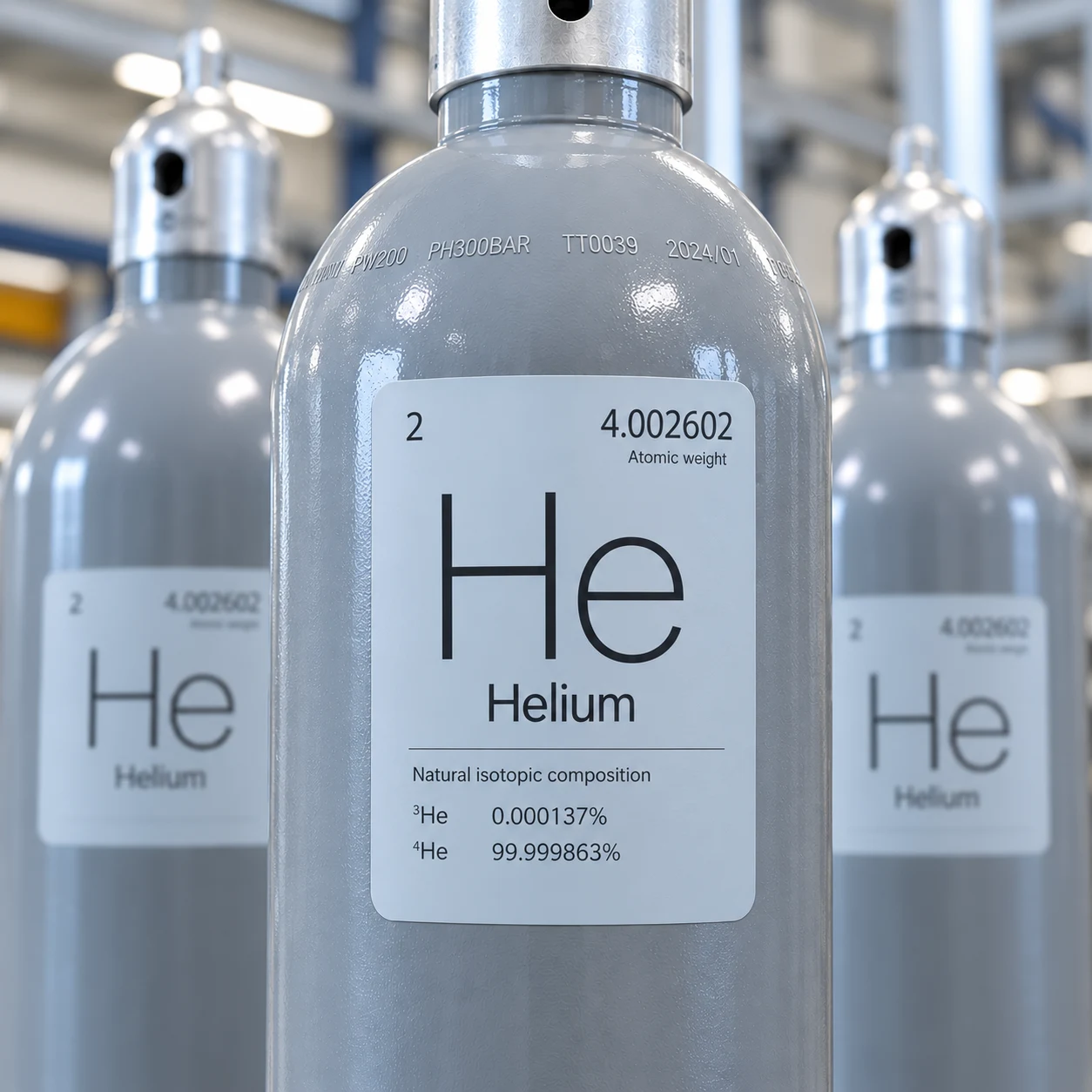 Product visualisation of a grey helium cylinder with a natural isotopic composition label