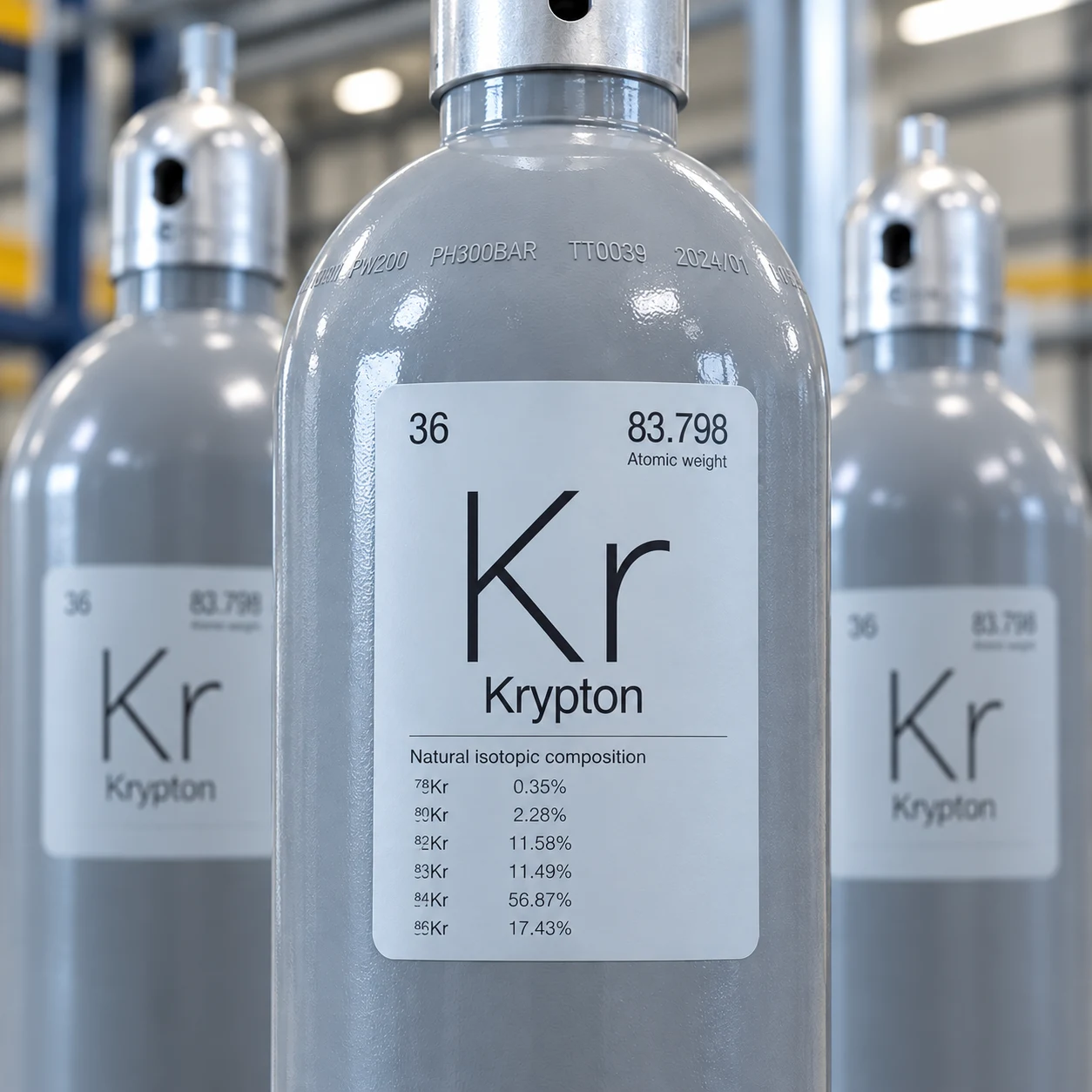 Product visualisation of a grey krypton cylinder with a natural isotopic composition label
