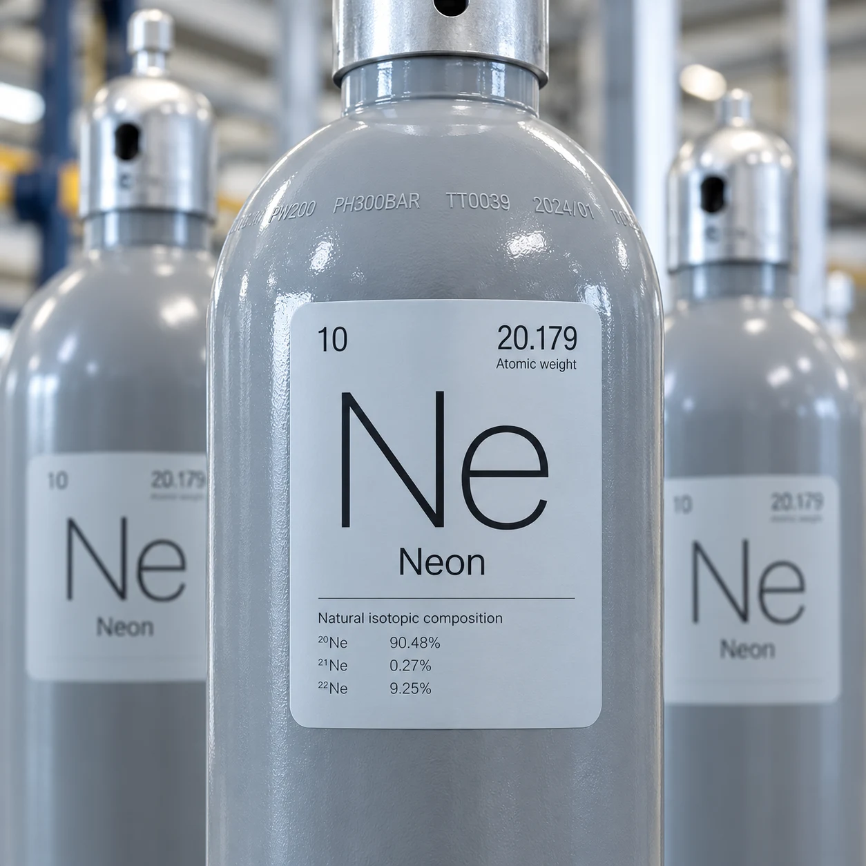 Product visualisation of a grey neon cylinder with a natural isotopic composition label