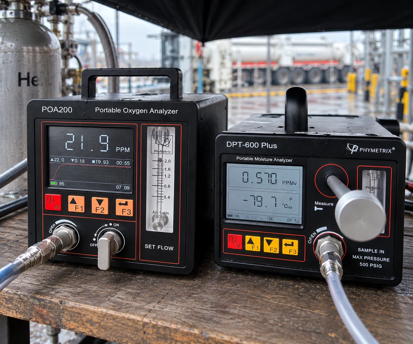 Portable oxygen and moisture analysers connected at a helium transfer point