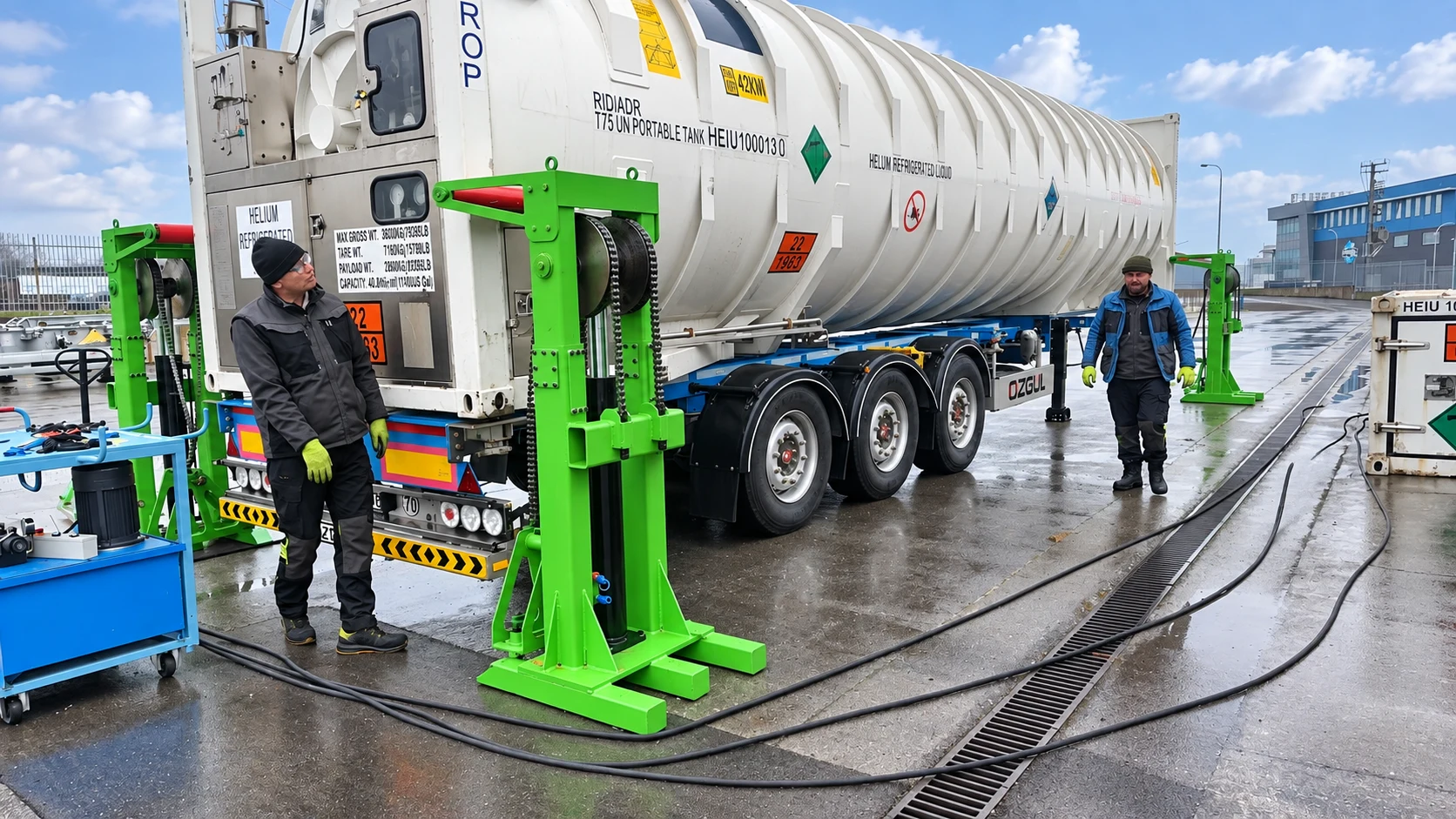 Cryogenic ISO tank positioned with lifting equipment during a handling operation