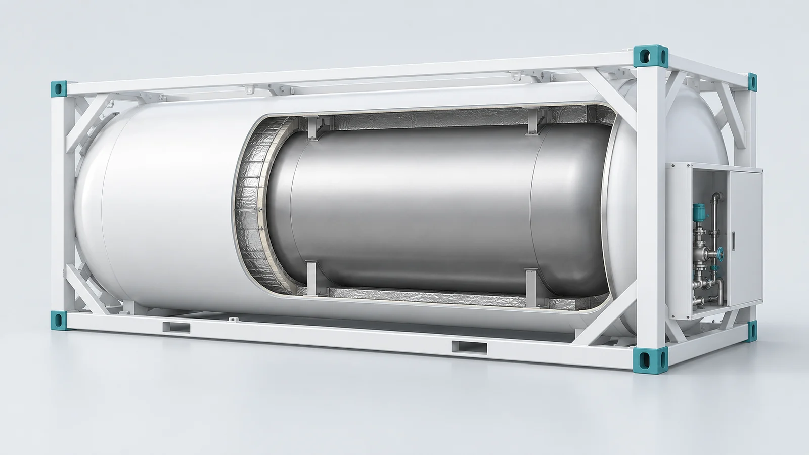 Conceptual cutaway showing an inner vessel, surrounding insulation space, outer jacket and supporting container frame