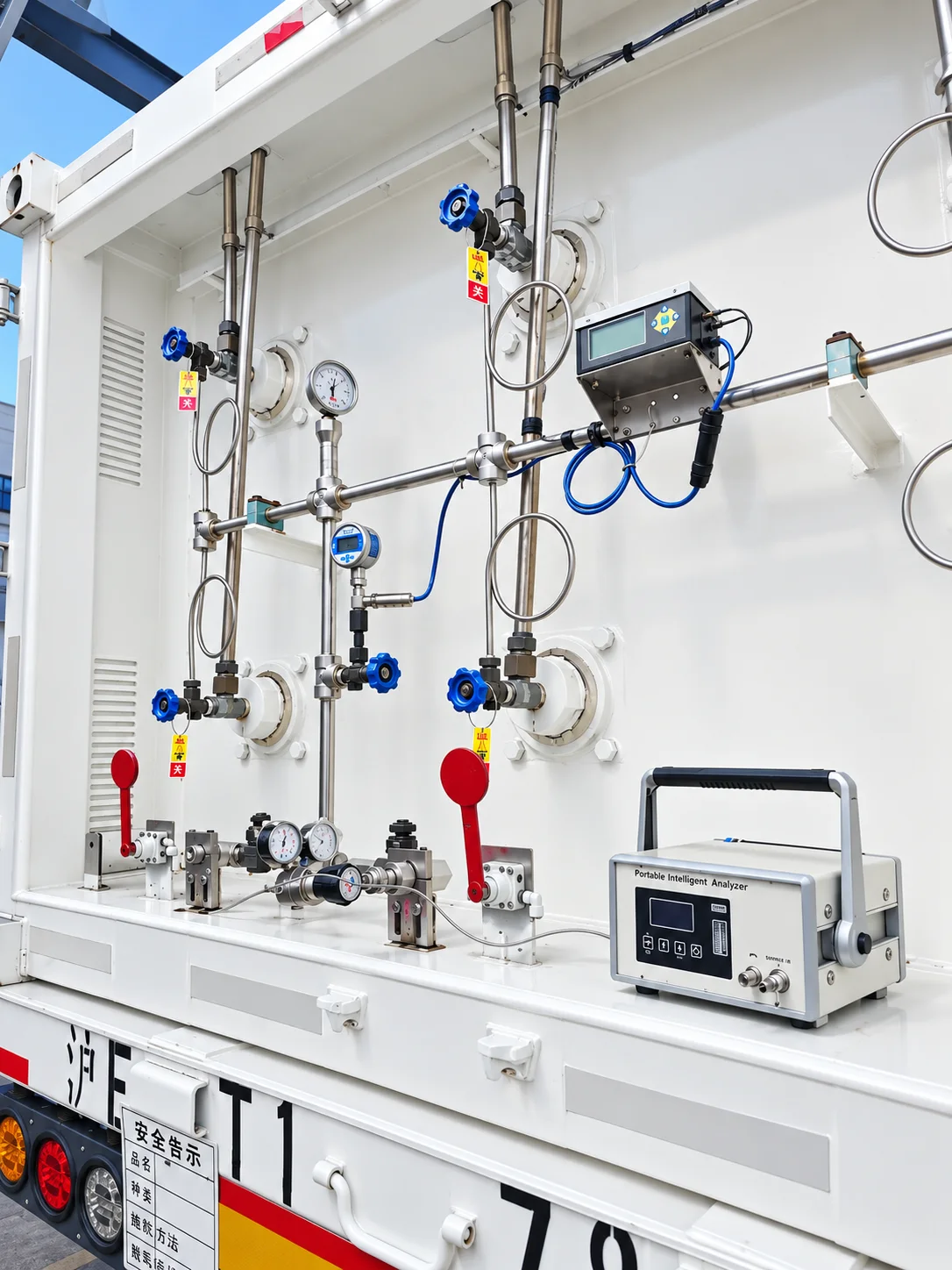 Tube-trailer manifold and connected portable analytical equipment