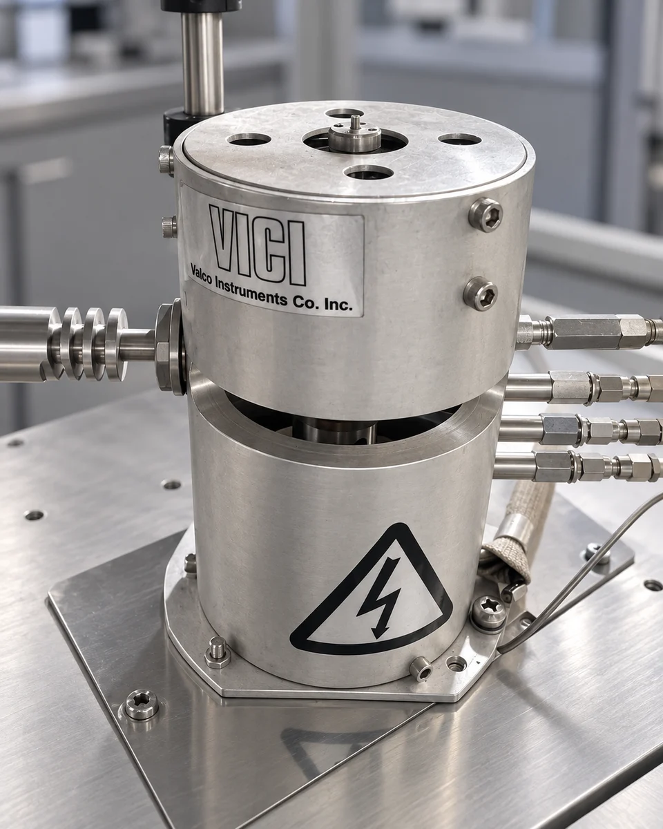 AI-retouched view of a VICI-labelled analytical assembly with connected metal tubing